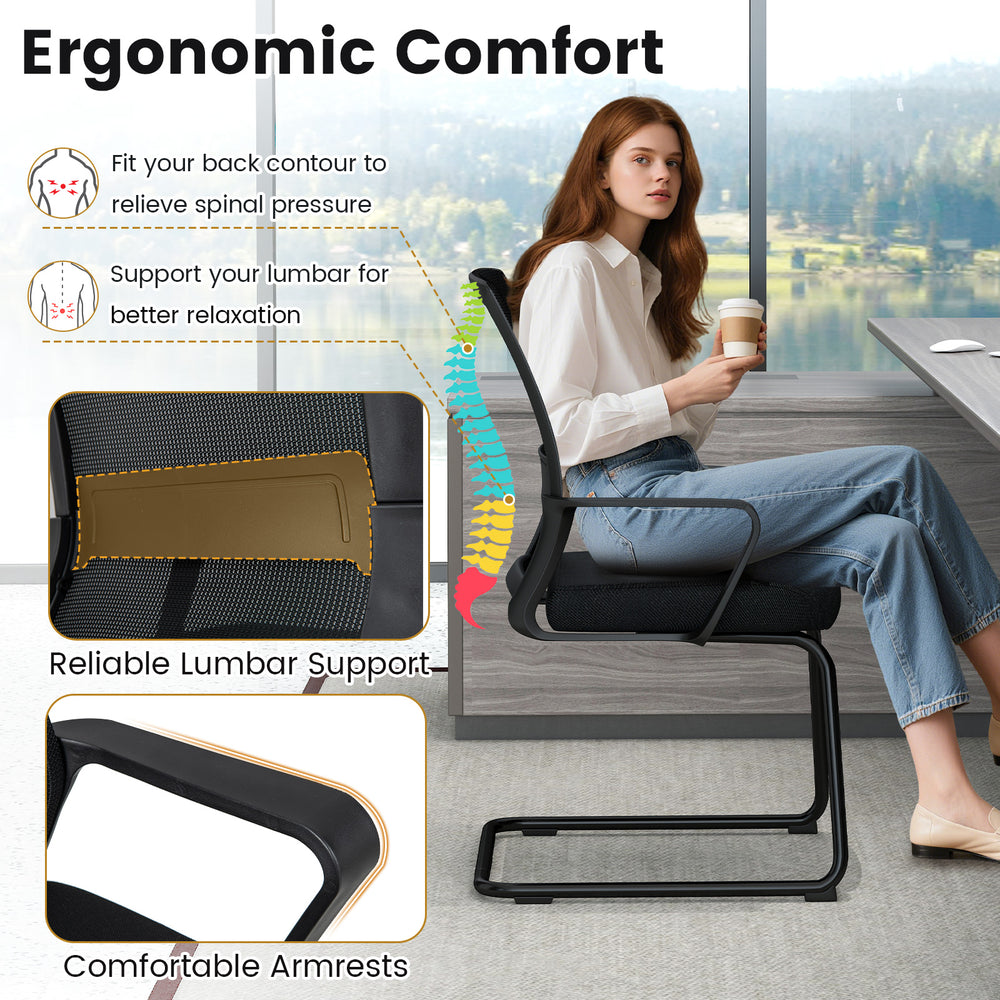 Office guest chair with breathable mesh back, built-in lumbar support, and comfortable armrests for waiting rooms.
