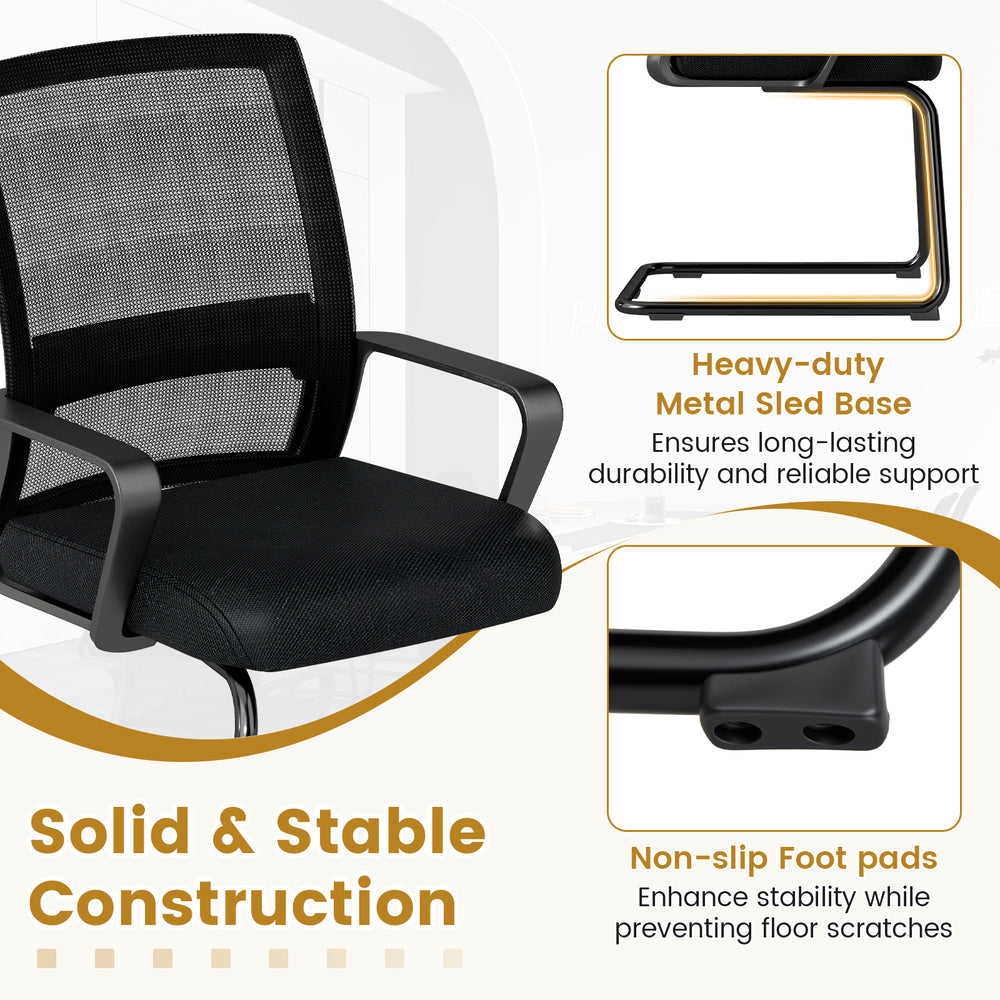 Office guest chair with breathable mesh back, built-in lumbar support, and non-slip foot pads for stability.