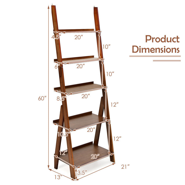 5-tier bamboo ladder shelf with dimensions, featuring anti-falling barriers and waterproof surface for versatile.