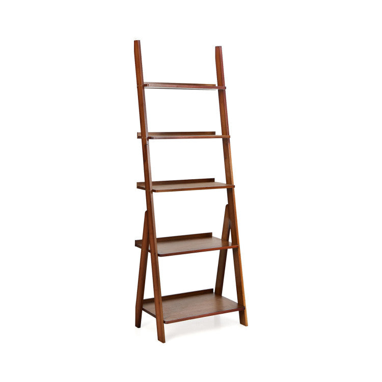 5-tier bamboo ladder shelf with anti-falling barriers, ideal for storage in living room or office spaces.