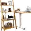 5-tier bamboo ladder shelf with electric standing desk, ideal for home office organization and ergonomic workspace.