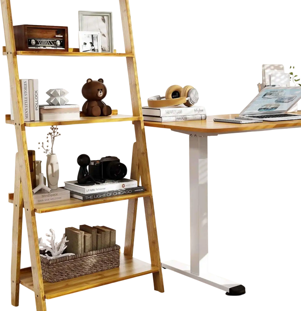 5-tier bamboo ladder shelf with electric standing desk, ideal for home office organization and ergonomic workspace.