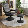 Black swivel lounge chair recliner with ottoman, featuring eco-friendly leather upholstery and 360-degree swivel.