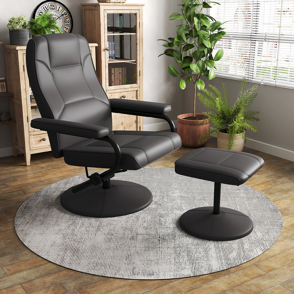 Black swivel lounge chair recliner with ottoman, featuring eco-friendly leather upholstery and 360-degree swivel.