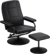 Black swivel lounge chair recliner with ottoman, eco-friendly leather upholstery, and 360-degree swivel feature.