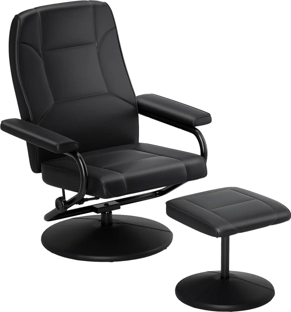 Black swivel lounge chair recliner with ottoman, eco-friendly leather upholstery, and 360-degree swivel feature.