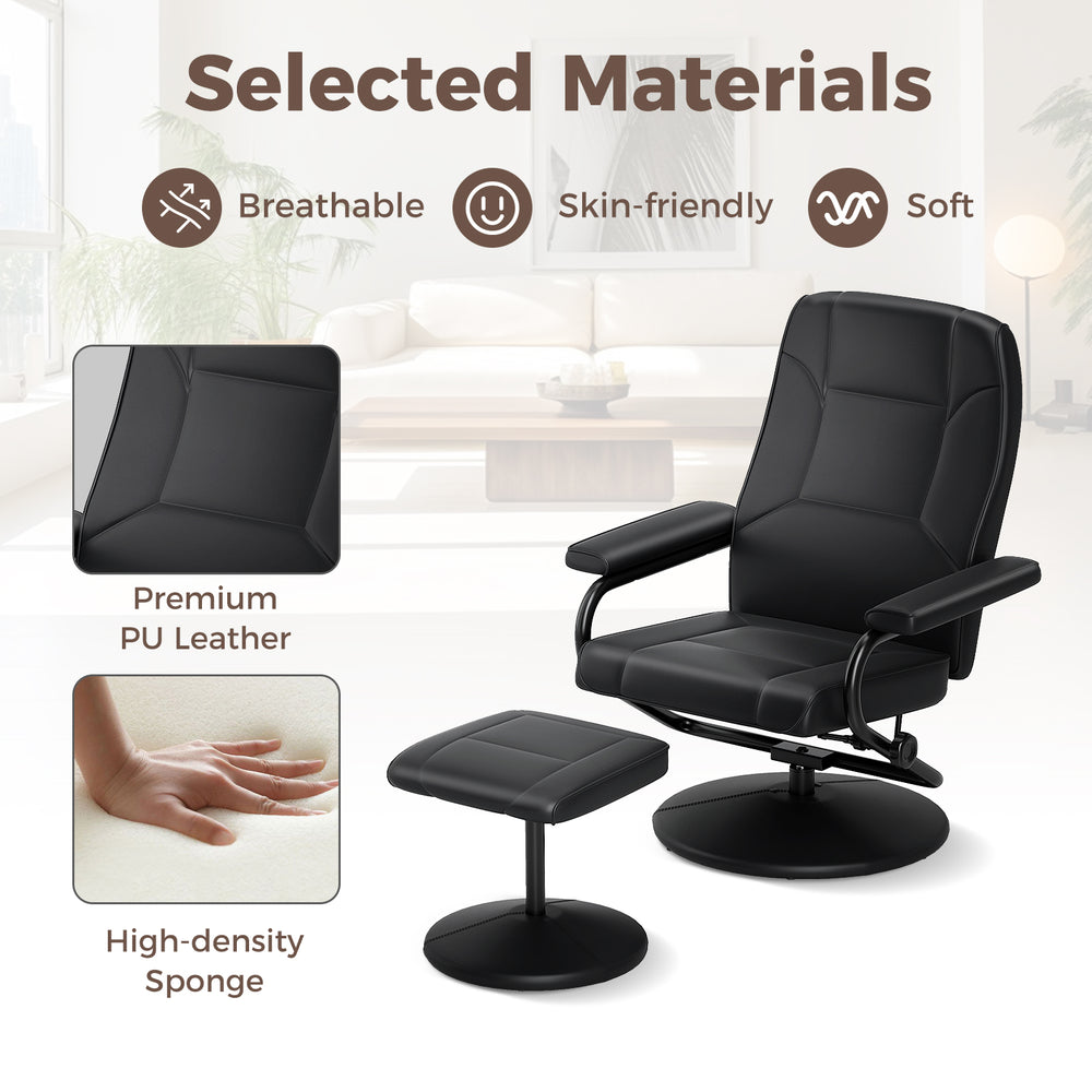 Swivel lounge chair recliner with ottoman in black eco-friendly leather, featuring 360-degree swivel and knob.