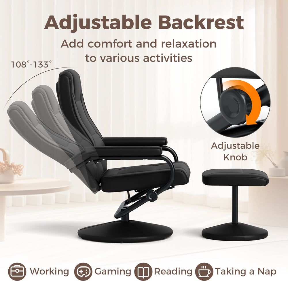 Swivel lounge chair recliner in black leather with adjustable backrest, perfect for working, gaming, or napping.