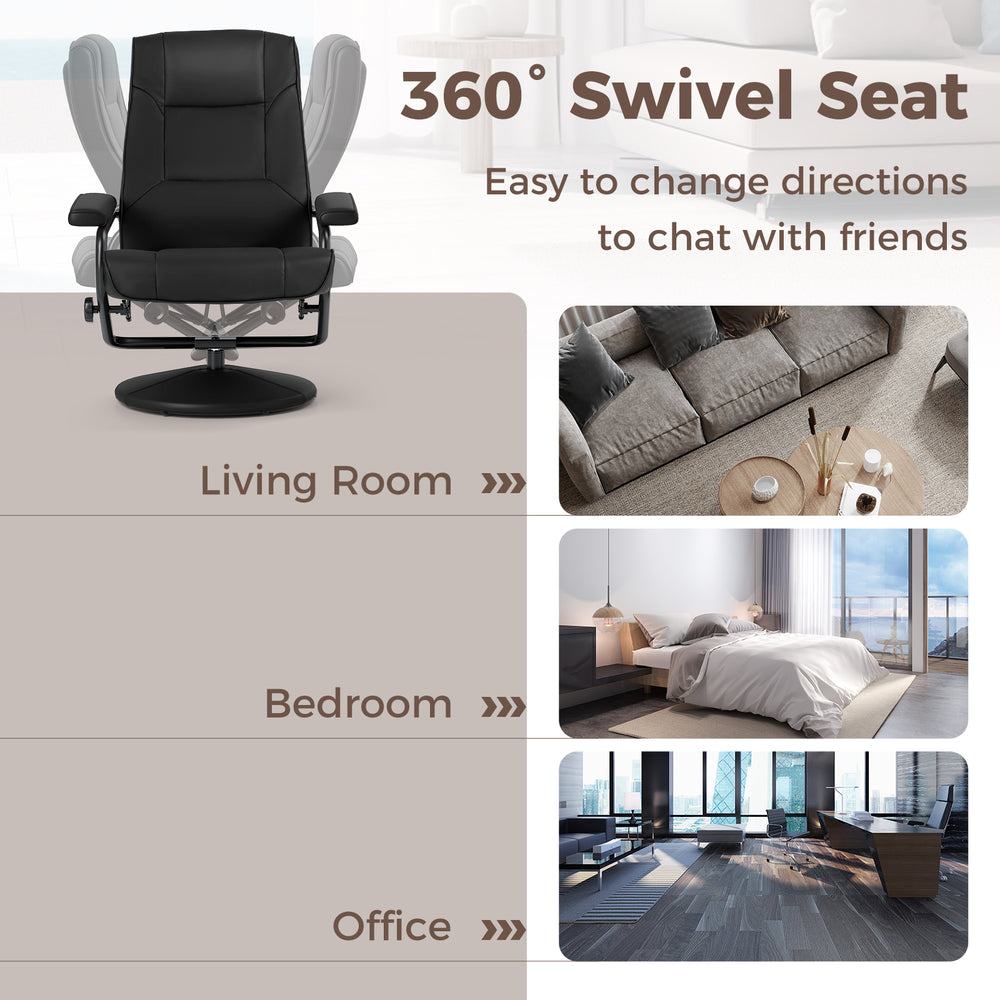 Swivel lounge chair recliner in black leather with ottoman, featuring 360-degree swivel for versatile seating.