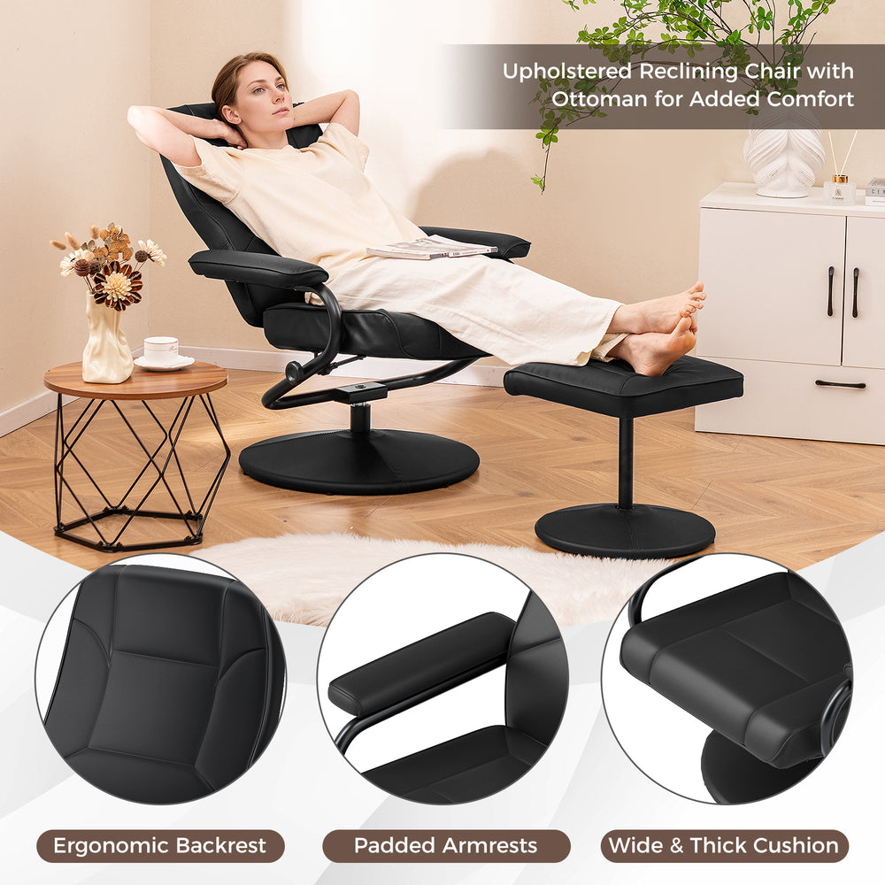 Swivel lounge chair recliner with ottoman in black leather, featuring padded armrests and ergonomic backrest for.