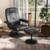 Swivel lounge chair recliner with ottoman in black leather, featuring 360-degree swivel and knob adjusting recliner.