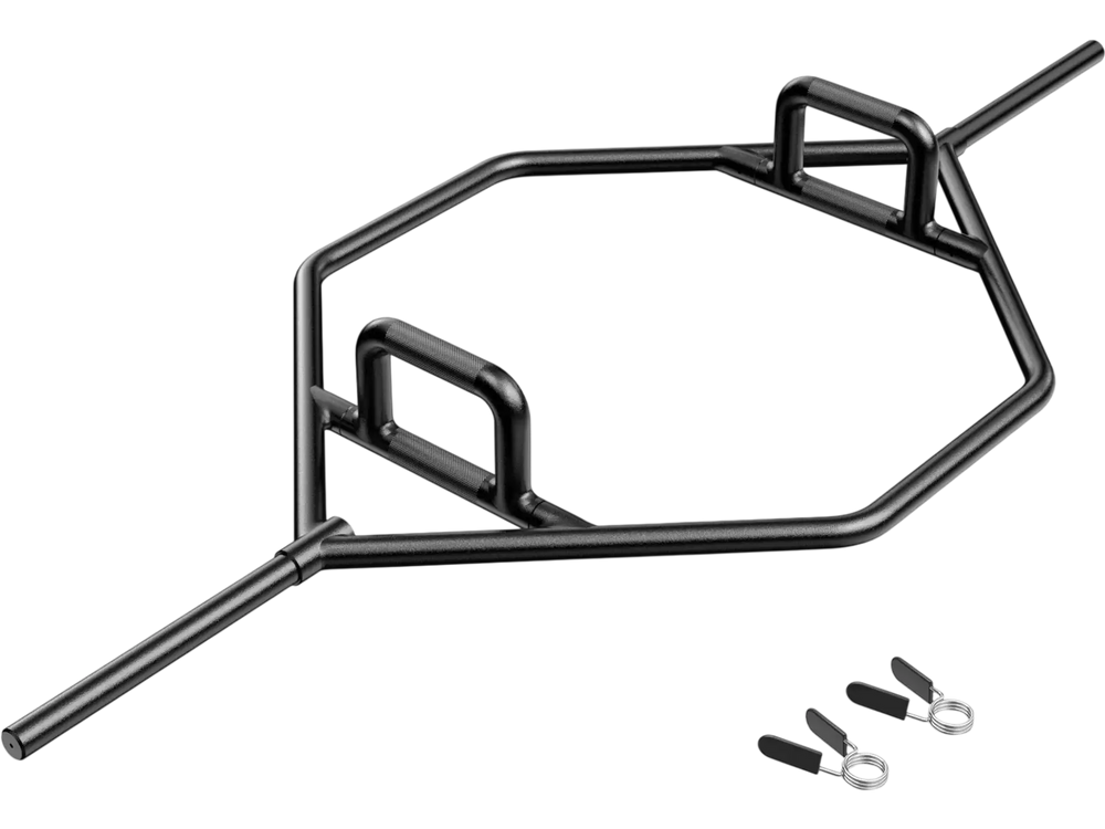 Olympic Hex Trap Bar in black with foldable handles and knurled grips, ideal for strength training and space-saving.