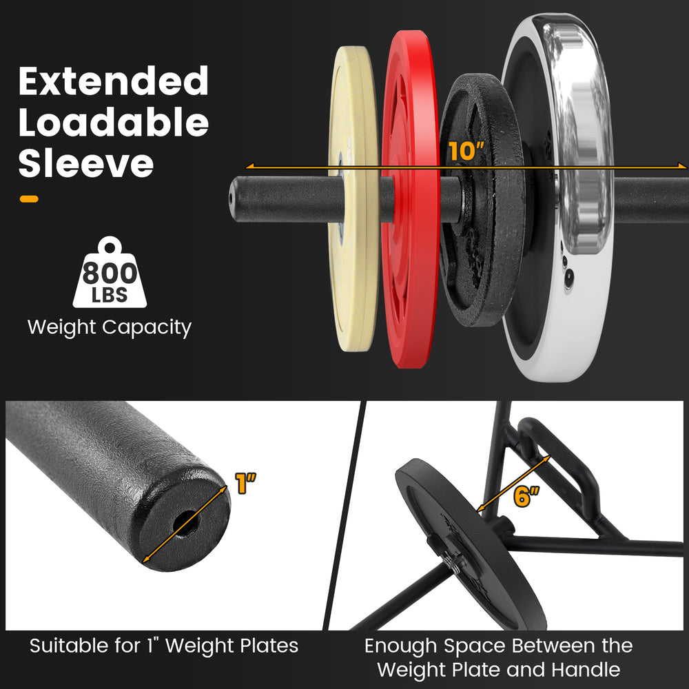 Close-up of the Olympic Hex Trap Bar's extended loadable sleeve, designed for 1-inch weight plates and 800 lbs capacity.