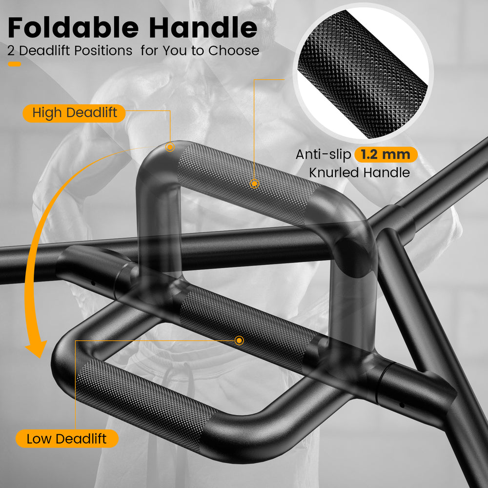 Olympic Hex Trap Bar with foldable handles, featuring knurled grips and two deadlift positions for versatile strength.
