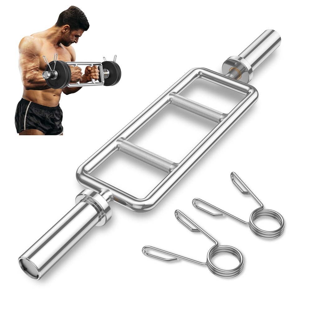 Olympic triceps bar with knurled handles, solid steel construction, designed for squats and deadlifts, accommodates.