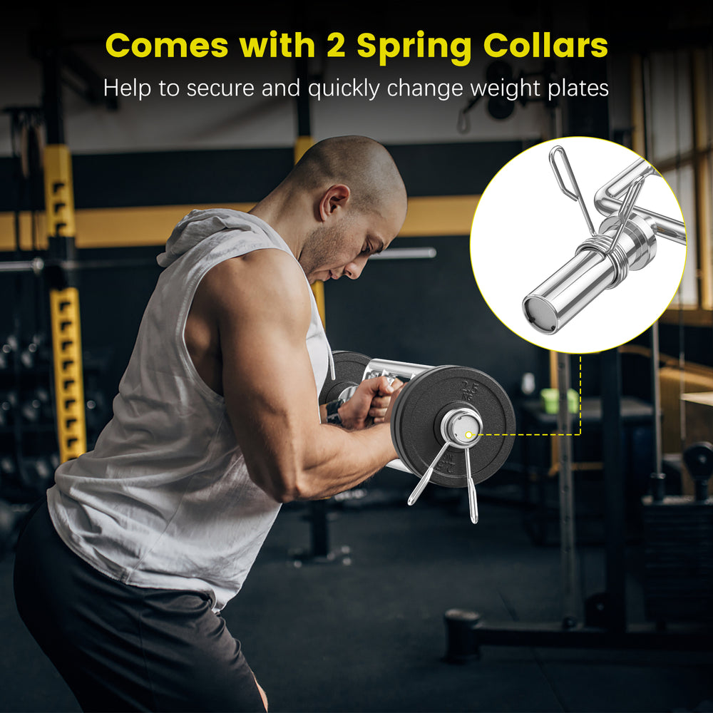 Olympic triceps bar with knurled handles and spring collars, designed for secure weight plate changes during workouts.