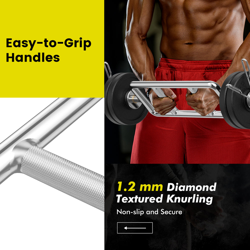 Close-up of the 700 LBS Olympic Triceps Bar with knurled handles for secure grip, ideal for home or commercial gym.