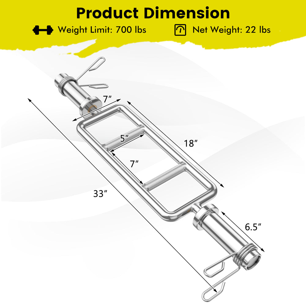 Olympic triceps bar dimensions showing 700 lbs capacity, knurled handles, and 2-inch weight plate compatibility.