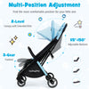 Lightweight blue baby stroller with aluminum frame, adjustable backrest, and 2-position canopy for comfort and safety.