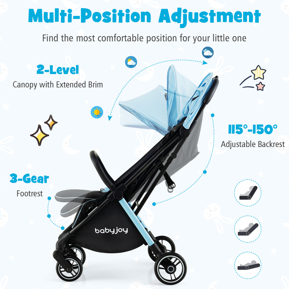 Lightweight blue baby stroller with aluminum frame, adjustable backrest, and 2-position canopy for comfort and safety.