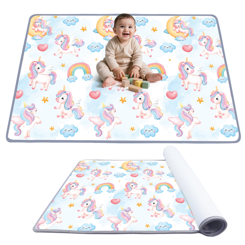 Reversible soft foam activity mat featuring a vibrant unicorn design, ideal for toddlers' playtime and safe exploration.