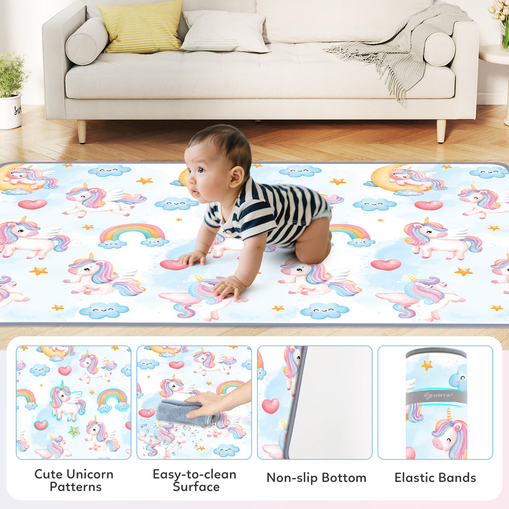 Reversible soft foam activity mat featuring vibrant unicorn patterns, anti-slip base, and easy-to-clean waterproof.