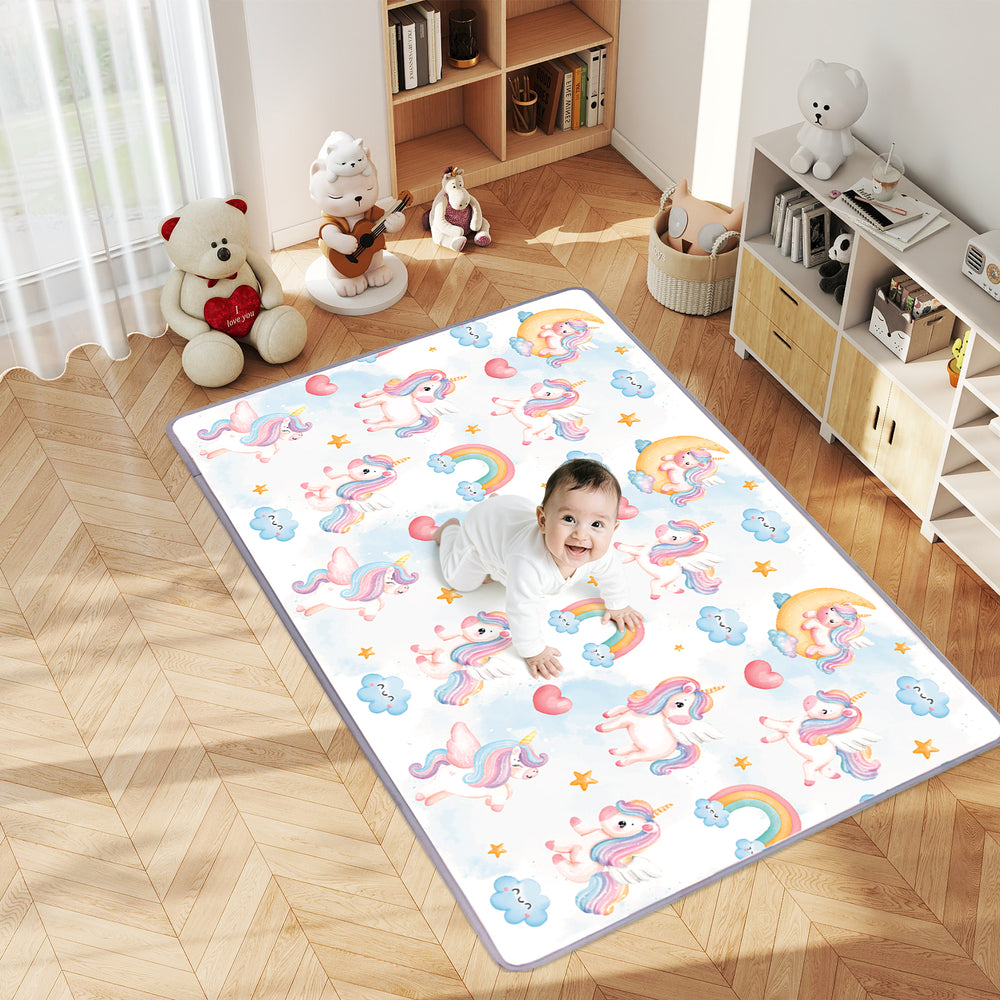 Soft foam activity mat featuring a vibrant unicorn design, perfect for toddlers' playtime and safe exploration.
