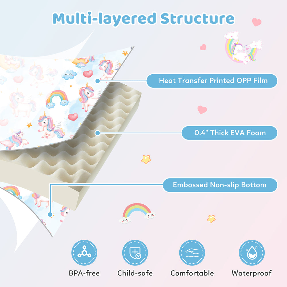 Reversible roll-up soft foam activity mat for toddlers, featuring a vibrant unicorn design and anti-slip bottom for.