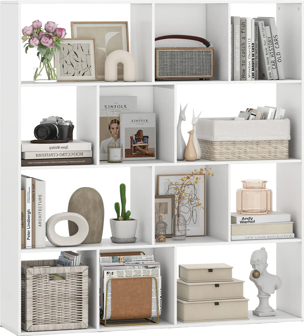 Modern 4-tier open shelf bookcase in white with 12 storage compartments for books and decor, featuring a wood grain.