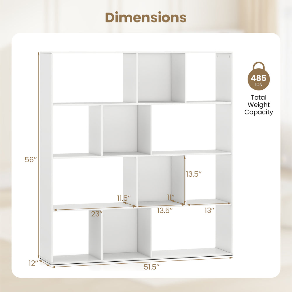 Open shelf bookcase in white with 12 compartments, 56" tall, sturdy design supports 485 lbs for organized storage.