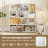 Open shelf bookcase with 12 storage compartments in white, ideal for organizing books, plants, and decorations.