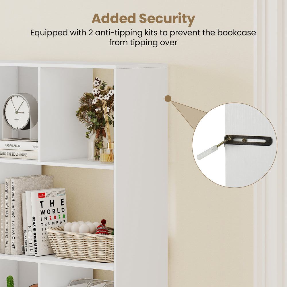 Detail of the Open Shelf Bookcase showing anti-tipping kit for added security and stability in white finish.