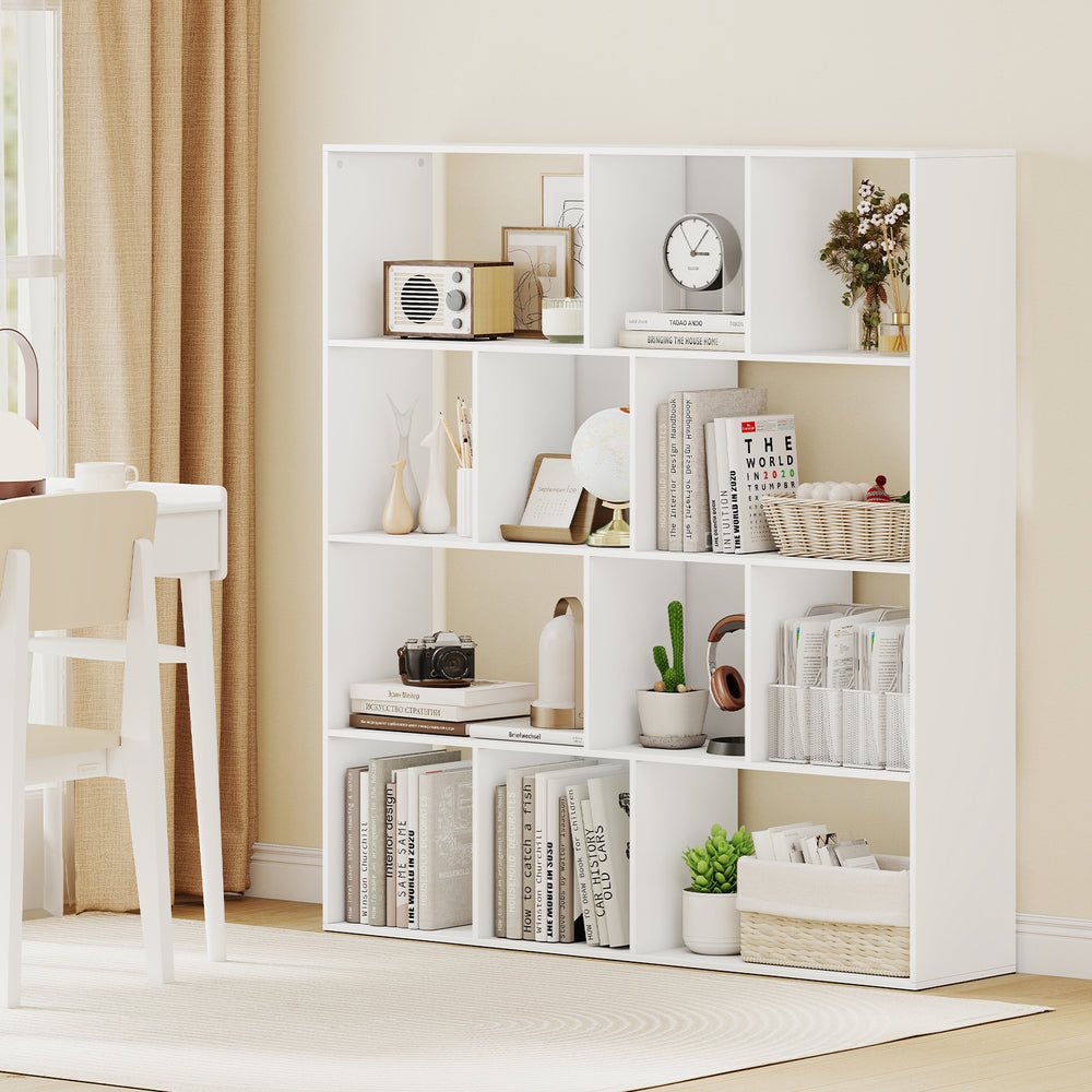 Open shelf bookcase in white with 12 compartments for books and decor, perfect for modern home organization.