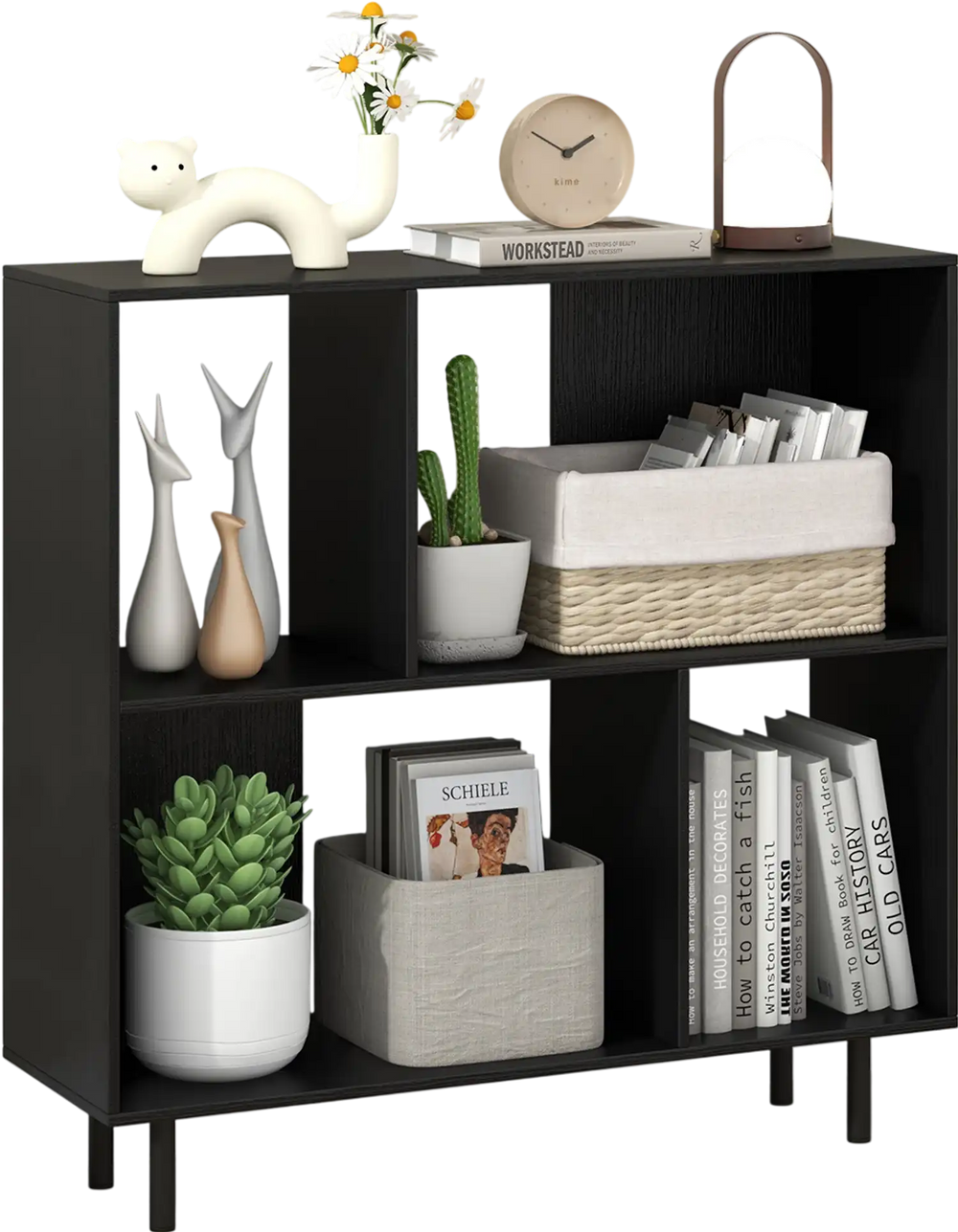 Open shelf bookcase in black with 4 compartments, featuring metal legs and an easy-to-clean surface for stylish storage.