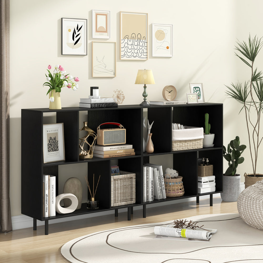 Open shelf bookcase in black with 4 compartments, featuring metal legs and anti-tipping kits for stability and style.