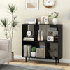 Open shelf bookcase in black with two half open compartments and two small cubes, ideal for decorative display and.