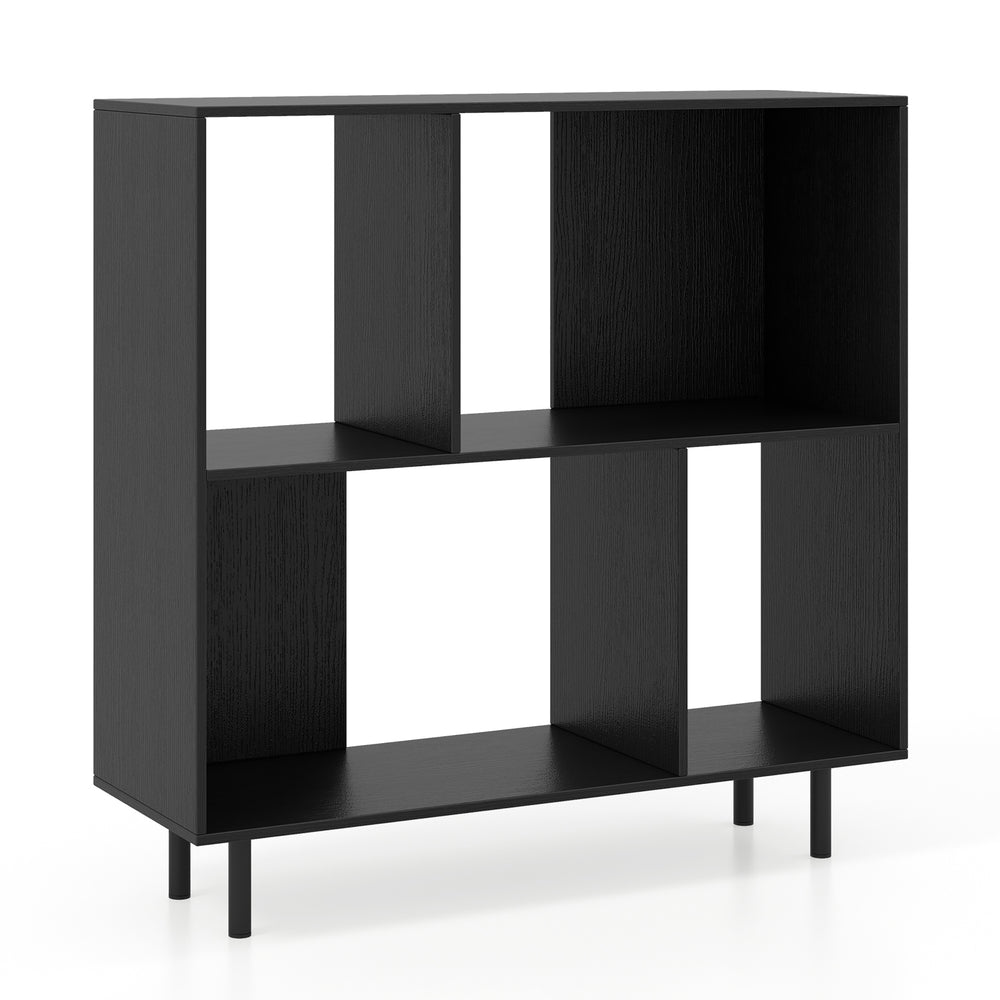 Open shelf bookcase in black with 4 compartments, featuring metal legs and anti-tipping kits for stability and support.
