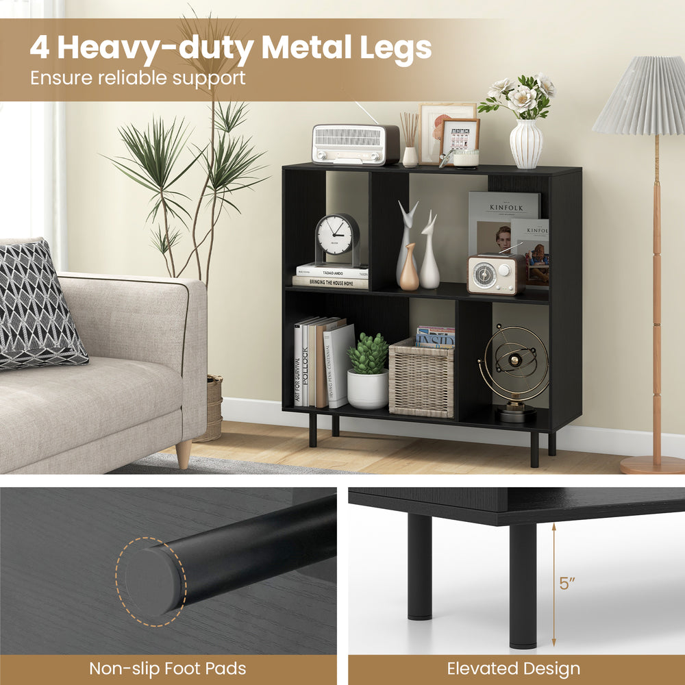 Open shelf bookcase in black with 4 compartments, heavy-duty metal legs, and non-slip foot pads for stability.