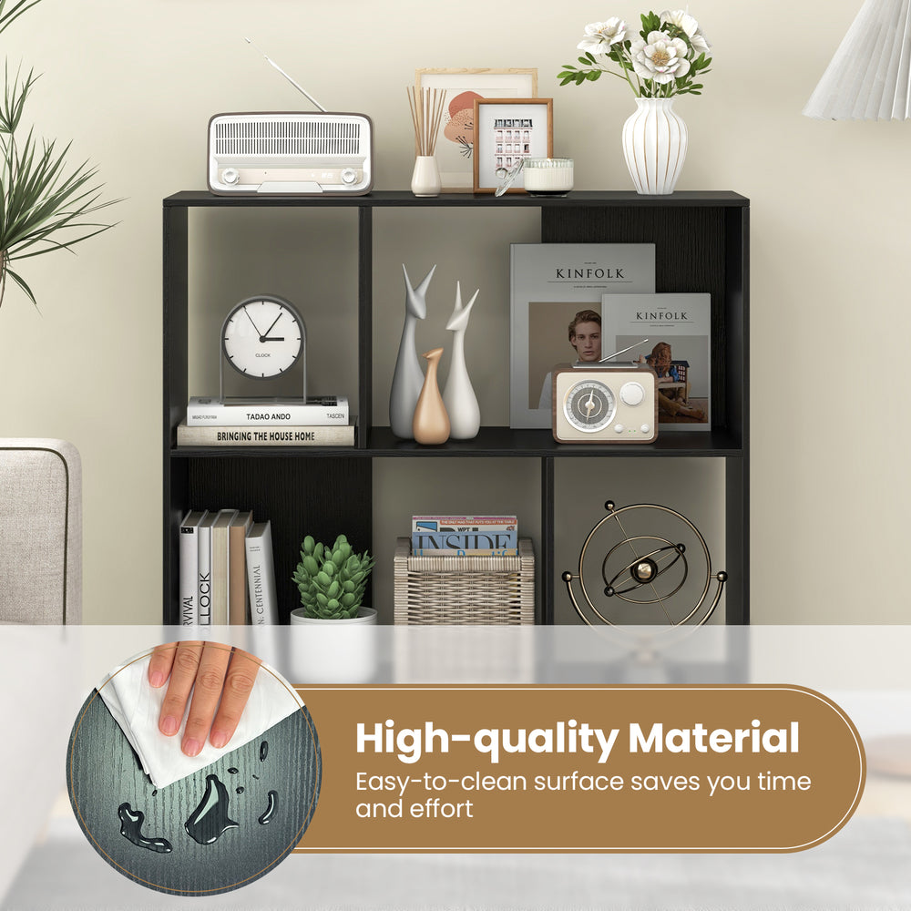 Open shelf bookcase in black with 4 compartments, featuring an easy-to-clean surface for convenient maintenance.