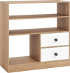 Open storage cabinet in natural finish with 3 open compartments and 2 white drawers, ideal for organizing any room.