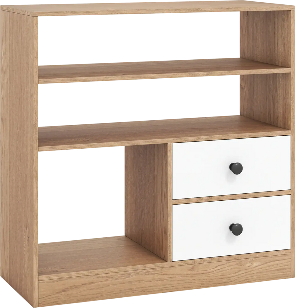 Open storage cabinet in natural finish with 3 open compartments and 2 white drawers, ideal for organizing any room.