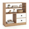 Open storage cabinet in natural wood with 3 open compartments and 2 white drawers, ideal for living room or study.