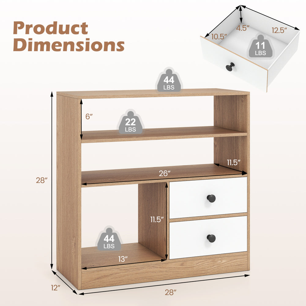 Open storage cabinet with 3 compartments and 2 fabric drawers, featuring a natural wood grain finish and compact design.