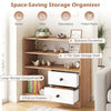 Open storage cabinet with 3 compartments, 2 pull-out drawers, and a spacious countertop for versatile organization.