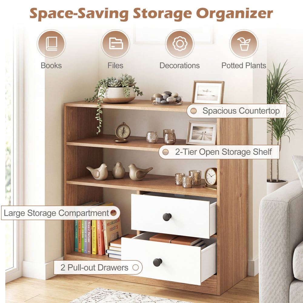 Open storage cabinet with 3 compartments, 2 pull-out drawers, and a spacious countertop for versatile organization.