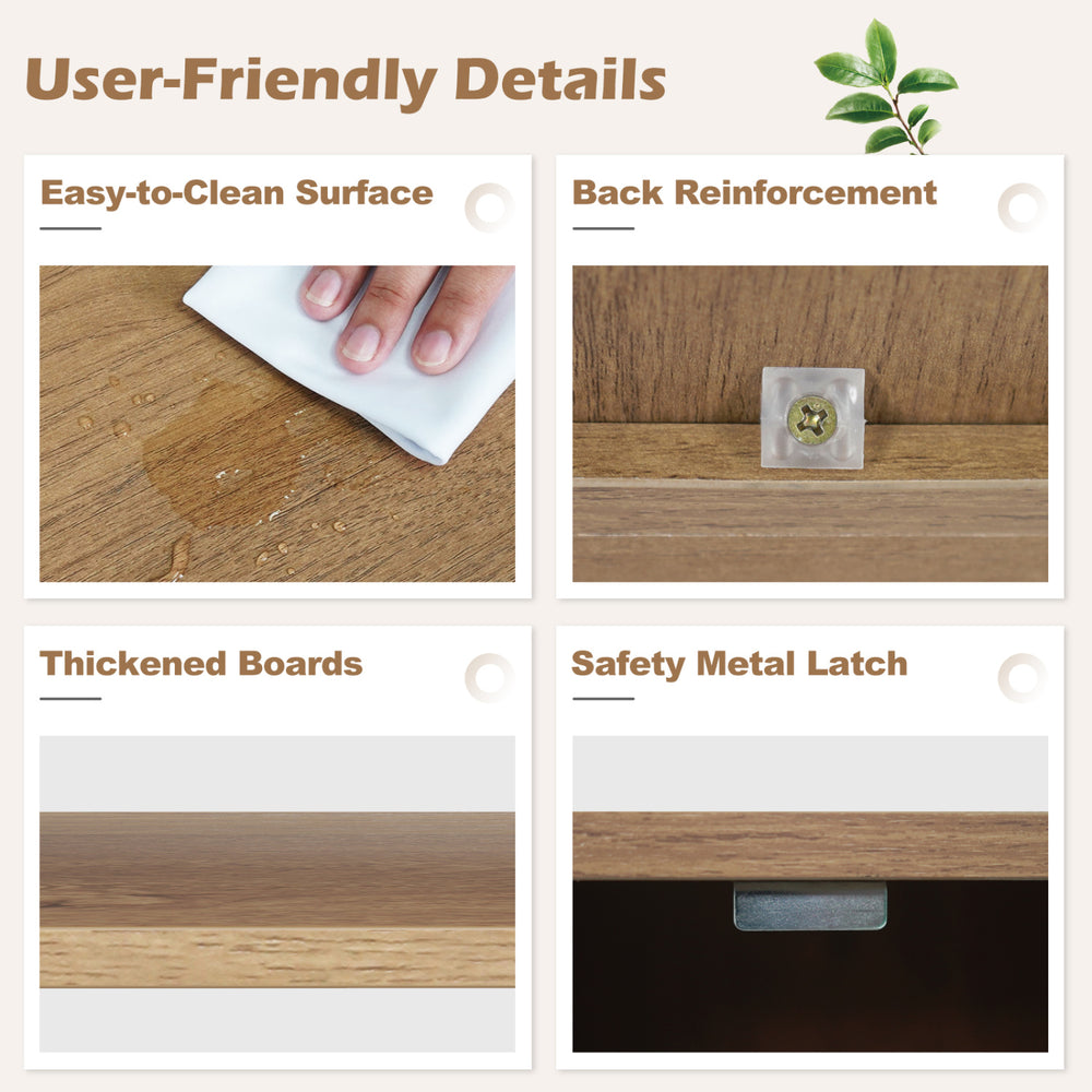 User-friendly details of the Open Storage Cabinet, featuring easy-to-clean surface, thickened boards, and safety metal.