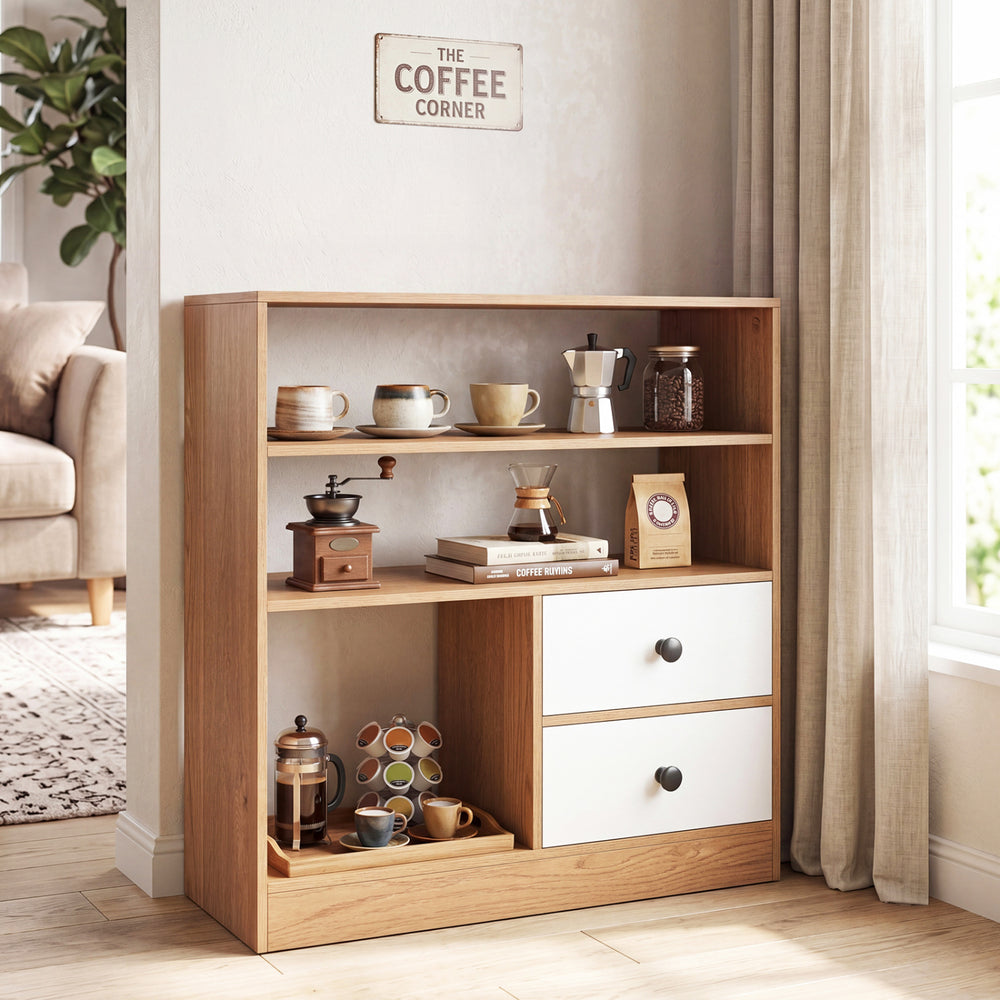 Open storage cabinet with natural wood finish, featuring 3 open compartments and 2 fabric drawers for versatile.