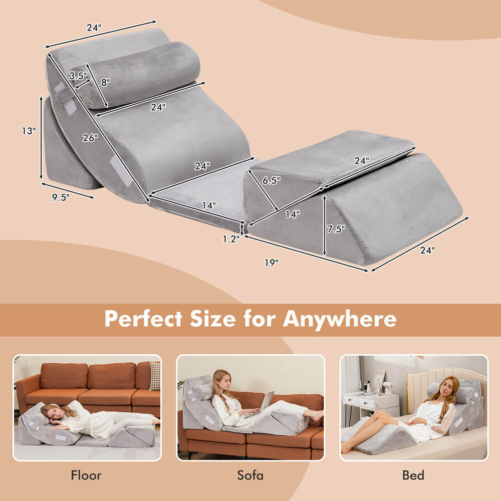 Adjustable 6-piece orthopedic bed wedge pillow set in gray, featuring memory foam for back and neck support.