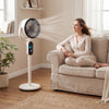 Oscillating pedestal fan with remote, 8 speeds, and adjustable height for efficient air circulation in a cozy living.