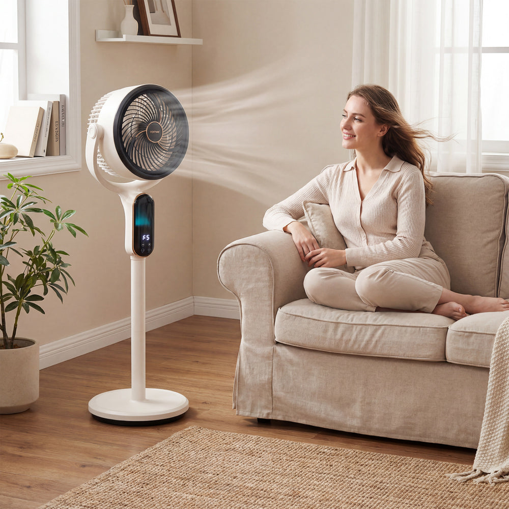 Oscillating pedestal fan with remote, 8 speeds, and adjustable height for efficient air circulation in a cozy living.